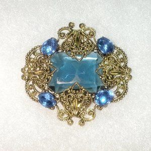 Vintage Czech Mid Century Blue Glass Rhinestone Filigree Brooch/Pin Earring Set